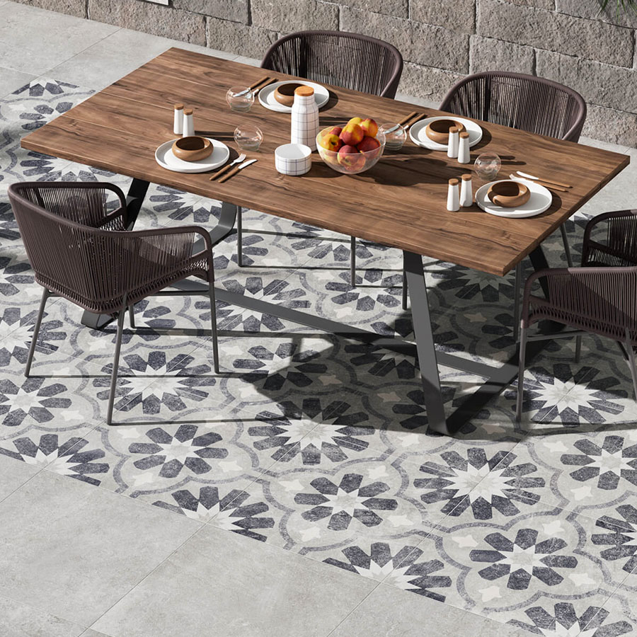 Atmosphere, grey décor, patterned porcelain paving